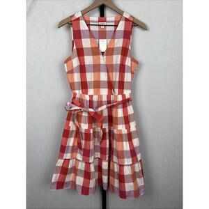 NEW J.Crew Faux Wrap Dress Women's 8 Red White Plaid Ruffle Hem Cotton Pockets
